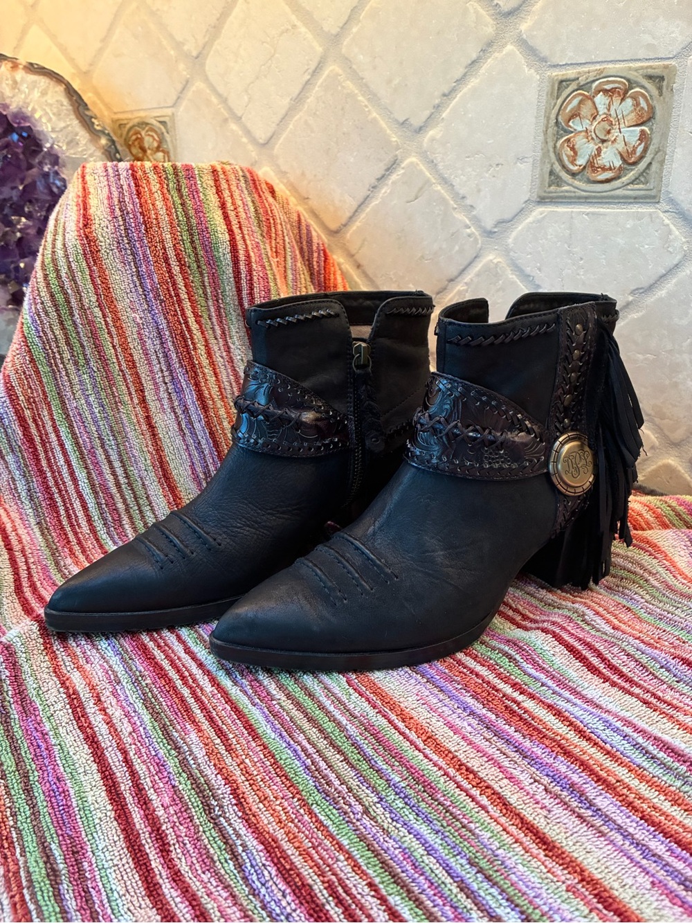 Donald J. Pliner Black Leather Braided Fringe Ankle Boots